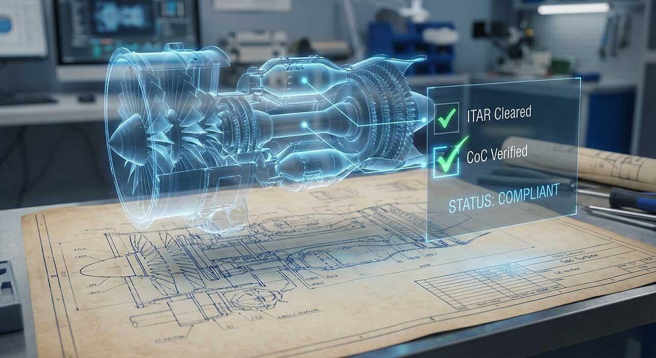 Turbine engine blueprint with digital checklist showing ITAR and CoC verification