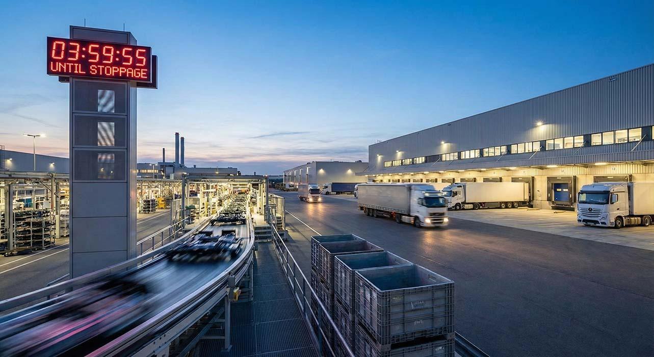 Automated EV assembly line with digital dashboard showing JIT sync