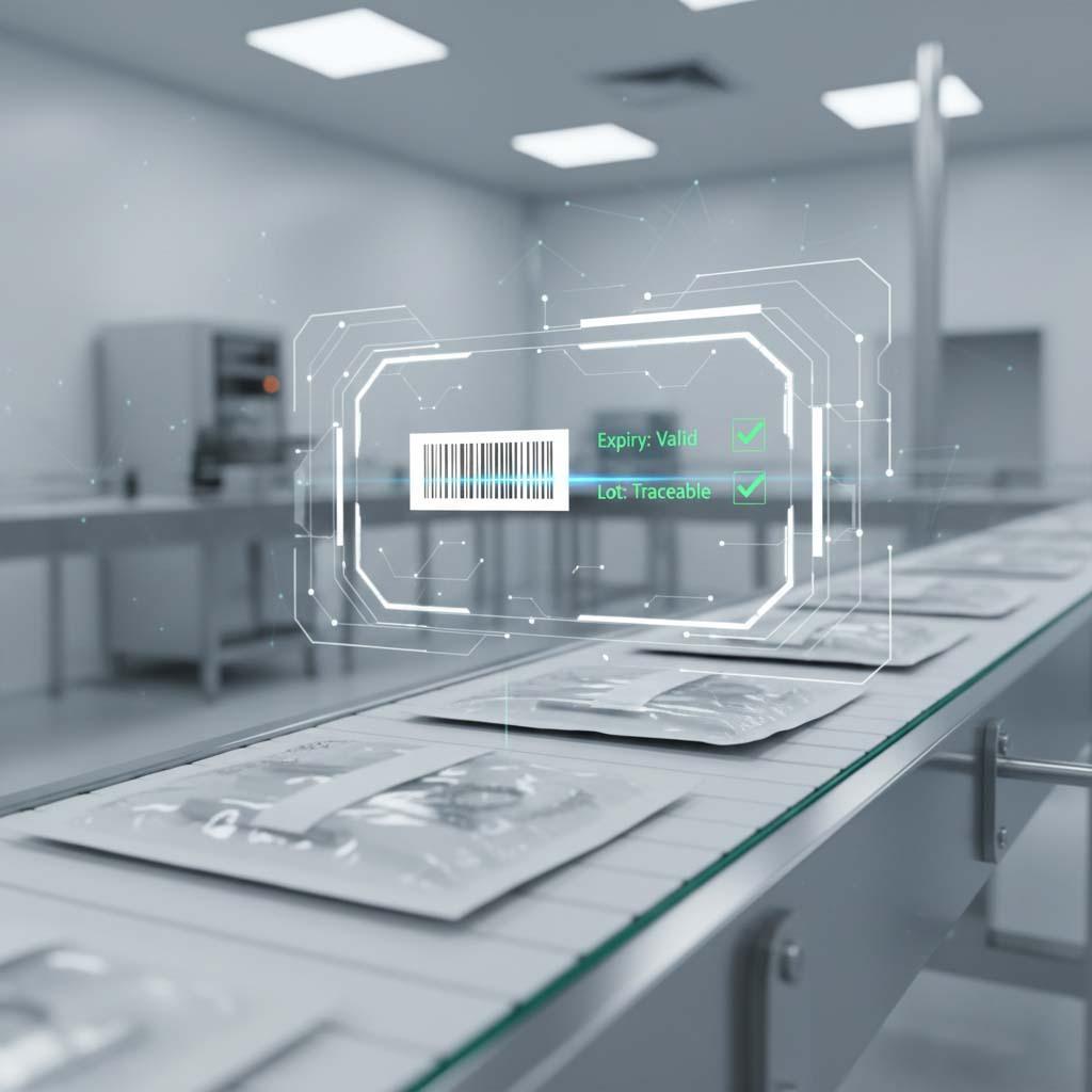 Sterile medical packaging with HUD scanning barcode for expiry and lot traceability