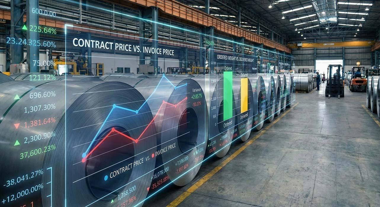 Industrial steel coils with data streams showing contract vs invoice price comparison
