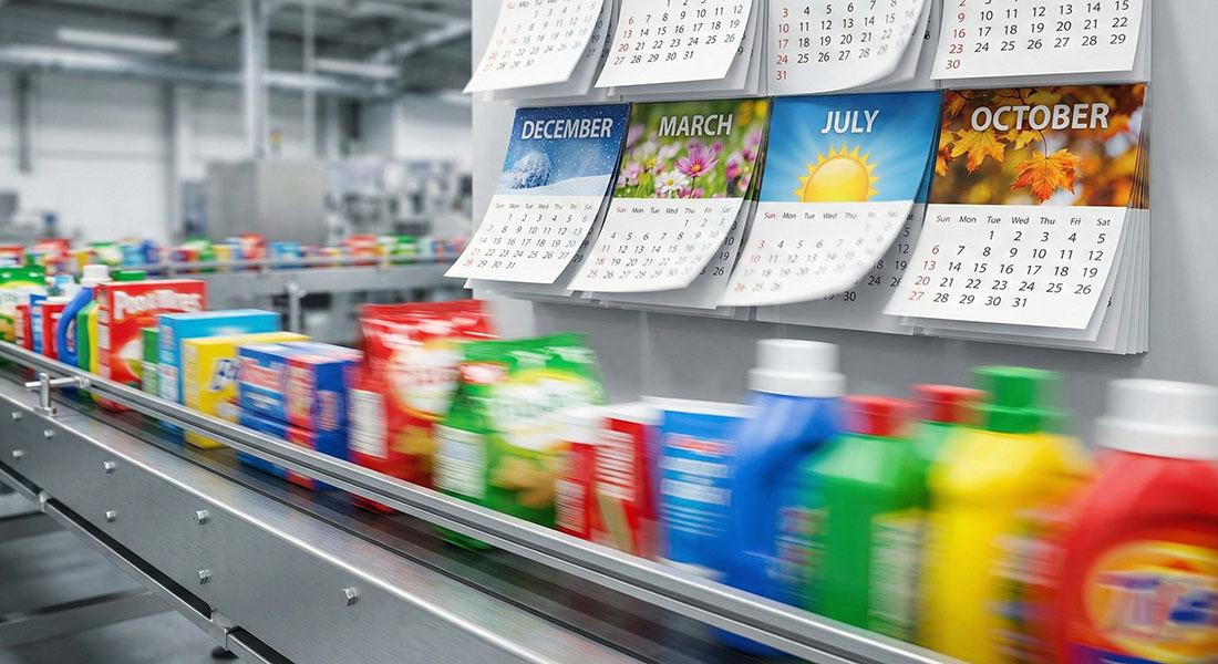 Colorful consumer packaging on conveyor belt with calendar representing seasonality